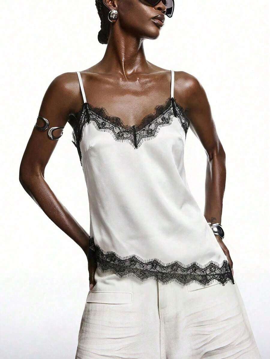 2026 Nueva Blusa Minimalista de Primavera Verde Oliva de Encaje y Satén Brillante, Elegante Camisola con Ribete de Encaje Adecuada para Primavera/Verano; Elegante Camisa Adecuada para Fiesta, Primavera, Navidad, Año Nuevo; Elegante Camisola de Satén - Blanco - Ver 1