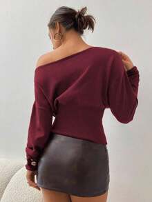 Suéter morado de manga larga, cuello asimétrico y hombros descubiertos, de punto ajustado para mujer, para otoño/invierno - Burdeos - Ver 2
