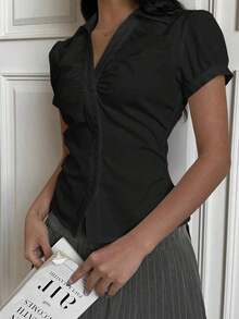 Camisa casual de mujer de manga corta abullonada, de un solo pecho, a rayas azules, ropa de verano - Negro - Ver 4
