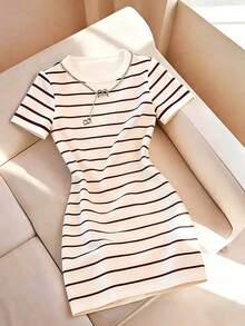 Vestido mini casual de mujer con rayas, de verano - Cafetería - Ver 6