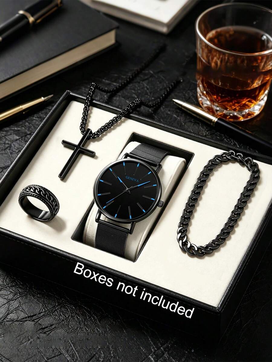 4pcs Men's Casual Business Watch And Cross Pendant Necklace, Bracelet And Ring Set, Sport - Black - View 1