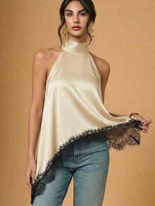 Blusa elegante de cuello halter con bajo asimétrico y encaje de contraste de unicolor para mujer - Caqui - Ver 1