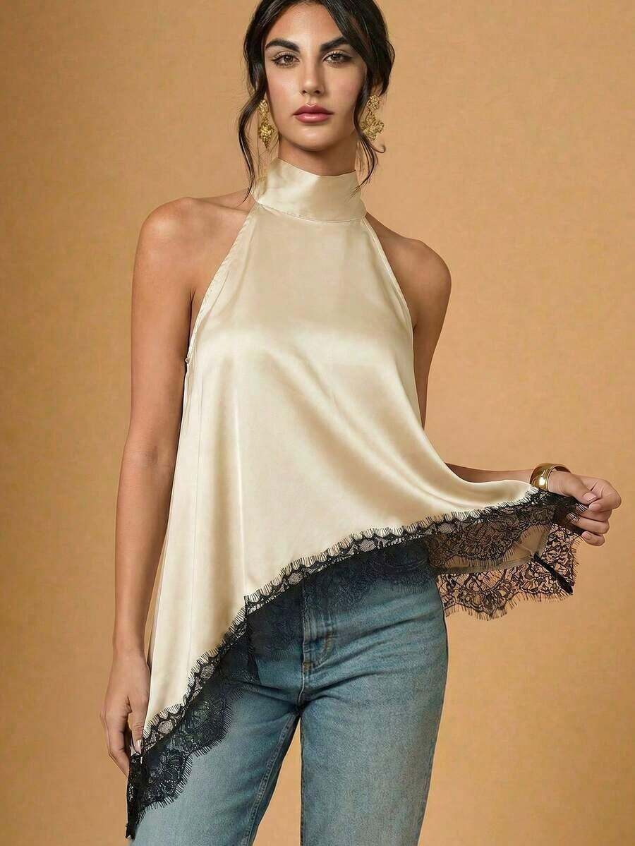 Blusa elegante de cuello halter con bajo asimétrico y encaje de contraste de unicolor para mujer - Caqui - Ver 1