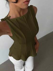 sin mangas elegante para ir a la oficina, diseño minimalista, casual de negocios para mujer, ropa de oficina, salir, para maestras, blusa casual para mujer, blusa social para mujer - Verde militar - Ver 4