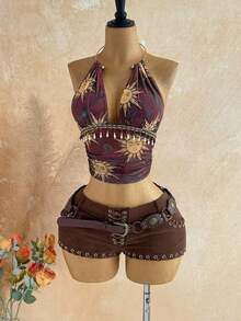 Top sin espalda con cuello halter y textura vintage para mujer, verano - Morado - Ver 6