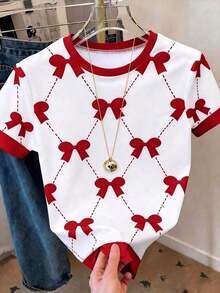 Camiseta de mujer casual de cuello redondo y manga corta con estampado de lazo - Multicolor 6 - Ver 4