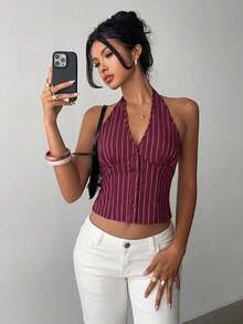 delgado de mujer de algodón con rayas, cuello alto y abotonadura sencilla, para otoño/invierno - Burdeos - Ver 4