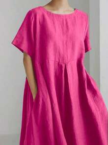 Vestido de lino suelto, casual, elegante y cómodo para mujer.Vestido largo suelto de manga corta, con bolsillo, cuello redondo y unicolor.Ajuste relajado para el verano - Rosa Fucsia - Ver 3