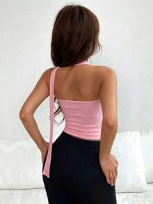 Top de bandeau fruncida con estampado de leopardo y bufanda - Rosa Pálido - Ver 2