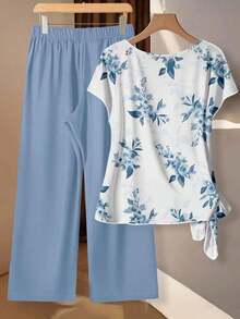 Clasi Conjunto de 2 piezas de blusa con lazo y pantalones de pierna ancha, con estampado de palmeras tropicales, adecuado para la playa, fiestas y uso casual, elegante - Multicolor 2 - Ver 4