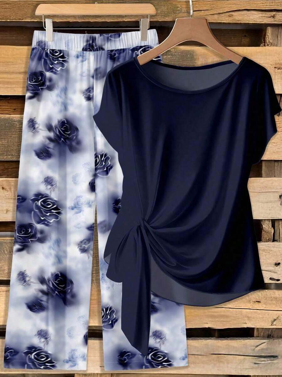 Conjunto de 2 piezas de blusa con lazo y pantalones de pierna recta para mujer - Multicolor 5 - Ver 1