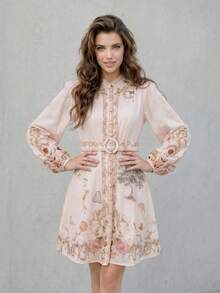 Elegant Floral Short Dress, Casual Romantic Chic Shirt Dress With Adjustable Belt For Party, Work, Office, Social Event, Garden - 粉色 - 查看 1