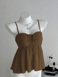 Camiseta de tirantes con volantes de unicolor lindo para damas, ropa de verano para la universidad - Marrón - Ver 5