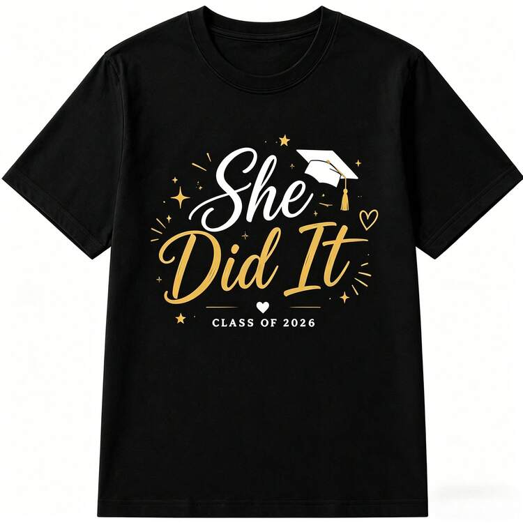 2026 Graduation T-Shirt "She Did It", Women's Cotton T-Shirt, Elegant Design For Graduation Party And Everyday Wear - 黑色 - 查看 8