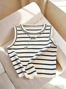 Camiseta de tirantes casual y versátil con cuello redondo y rayas para mujer - Multicolor 4 - Ver 6