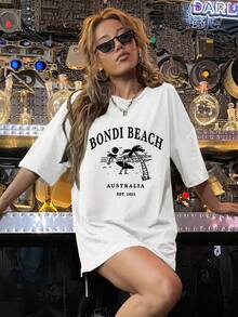 Women's Casual Short Sleeve T-Shirt - "Bondi Beach" Graphic Print, Loose Fit, Crew Neck, Medium Stretch, All-Season Comfort, Black With White Lettering, Perfect For The Beach Or Casual Wear, Y2k Beach T-Shirt - 白色 - 查看 10