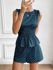 2 piezas Conjunto casual de mujer con blusa con volantes y lunares y shorts - Azul marino - Ver 5
