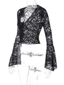 Lace Blouse With Deep Neckline, Long Fitted Sleeves - 黑色 - 查看 4