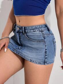 Minifalda vaquera sexy para mujer, de verano - Azul lavado medio - Ver 5