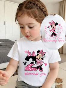 Disney Minnie Mouse Birthday Girl T-Shirt, Girls 6 Months-3 Years Short Sleeve Tee, Pink Polka Dot Minnie & Heart Print, Casual Party Outfit, Express Delivery - 白色 - 查看 1