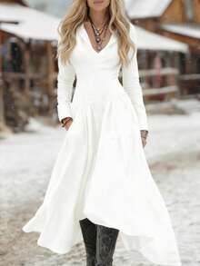 New  Women's Dress, Denim Style, Long Sleeves, Fitted Cut, Appliqué/Fabric Mix Design, Casual Style, Flattering Design, Perfect For Everyday And Urban Looks - 白色 - 查看 2