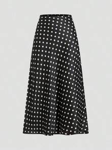 Falda larga de satén con lunares, minimalista y de moda, adecuada para el verano - Negro - Ver 6