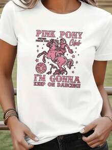 LoosePink Pony Club Women's Round Neck T-Shirt, Graphic T-Shirt For Western Dance Tours, "I'm Gonna Keep On Dancing" Print, Fashionable Casual Top For Women, Cotton T-Shirt For Women, Breathable And Sweat-Absorbent, Summer Short Sleeve. - 黑色 - 查看 9