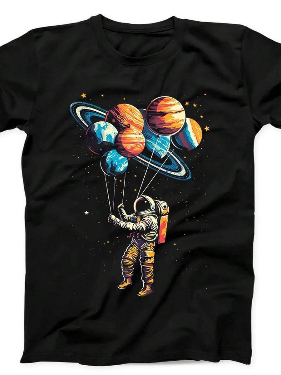 Astronauta en el espacio, planetas, globos, sistema solar, regalo divertido, camiseta negra B238.220g uniS1ex 100 algodón. Camiseta de peso ideal para todas las estaciones, adecuada tanto para hombres como para mujeres. Tejido de alta calidad y duradero, suave al tacto y de larga duración. Top transpirable, adecuado para el uso de otoño de las mujeres, para vacaciones, el Día de la Madre, celebraciones del Día de la Independencia y como regalo. - Negro - Ver 1