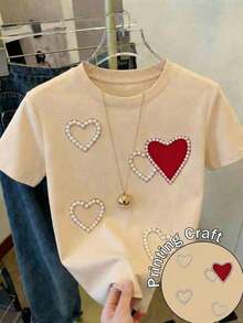 Camiseta Casual Blanca de Manga Corta y Cuello Redondo para Mujer con Adornos de Perlas y Corazón Rojo, Top de Tela Elástica de Poliéster a la Moda - Albaricoque - Ver 11