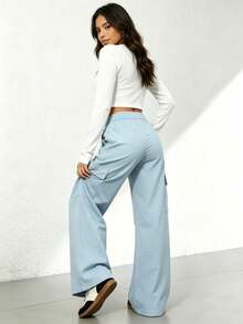 Pantalones rectos negros holgados y casuales de vacaciones para otoño e invierno - Azul - Ver 5