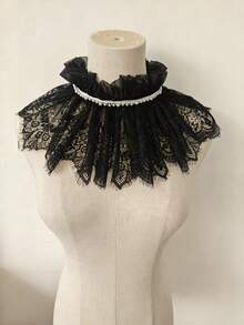 1pc Gothic Victorian Style Black Lace Ruffle Faux Collar With Pearl Decor, Detachable Ruffle Choker Collar, Suitable For Lolita, Cosplay And Halloween - Black - View 8