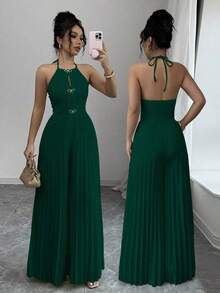 Elegante mono de mujer con cuello de halter, lazo delantero con piedras de cristal, plisado y piernas anchas en color albaricoque - Verde Oscuro - Ver 1