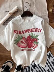 GiftCamiseta de mujer con estampado de fresas, con motivos de fresas y estilo de vida de fresas: camiseta de verano casual de manga corta con cuello redondo, suave y transpirable, en color blanco con diseño de fresas, holgada y cómoda para uso cotidiano, lavable a máquina, ideal para la playa y ropa temática de fresas - ropa divertida para amantes de las fresasSoft - Blanco - Ver 7