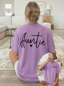 Women's T-Shirt With Double-Sided Front/Back Print - Short Sleeve, Round Neck, Casual Style, Suitable For Casual Wear, Machine Washable, With "Auntie" And Heart Print, Non-Blouse Style For Layering Or Wearing As A Top, 100% Cotton - 紫色 - 查看 12