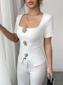Blusa elegante y urbana de cuello cuadrado con decoración metálica de manga corta ajustada para mujer, adecuada para uso diario, bodas, galas, viajes, fiestas de graduación, vacaciones, citas, fiestas, Halloween, Navidad, Año Nuevo, Acción de Gracias, bodas - Blanco - Ver 5