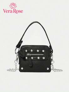 Fashion Cool Punk Rivet Zipper Mini Motorcycle Bag, Portable Slung Dual-Purpose Metal Chain Bag, Niche Versatile Texture Street Wind Small Square Bag, Personalized Classic Fashion Rivet Chain Envelope Bag, Suitable For Shopping, Daily Commuting And So On. - Black - View 2