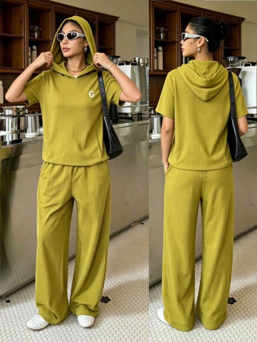 Women's 2-Piece Set: Sporty Color-Block Zip-Up Jacket And Loose-Fit Wide-Leg Pants - 軍綠色 - 查看 1