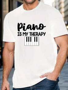 Men's Graphic T-Shirt Piano Is My - Soft And Breathable Music Lover's T-Shirt With Piano Key Design, Loose Fit, Short Sleeve, Crew Neck, Casual T-Shirt For Musicians And Piano Enthusiasts (Black/White Print) - 白色 - 查看 6