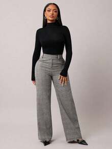 Pantalones rectos de tiro alto de color marrón de estilo minimalista y elegante para mujer, pantalones de traje marrones, pantalones de tiro alto, pantalones casuales sueltos, pantalones de pierna ancha, ropa de mujer de negocios casual, ropa de e - Blanco y Negro - Ver 6