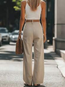 Calça Feminina Elegante de Cor Sólida, Lavável em Máquina, Adequada para Todas as Estações, Escritório e Uso Diário, Com Bolsos, Confortável, Viagem - Caqui - Visão 2