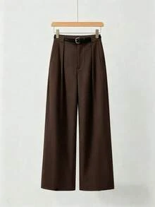 Pantalones rectos de cintura media de unicolor elegante con cinturón, negro, primavera - Marrón - Ver 2