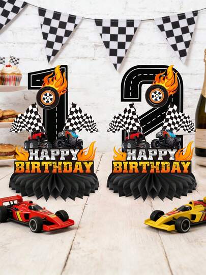 Toppers de mesa com números de carros de corrida de 0 a 9, centros de mesa em formato de favo de mel com tema de caminhão, decoração de estrada preta com chamas e bandeira quadriculada, artigos para festa de aniversário.