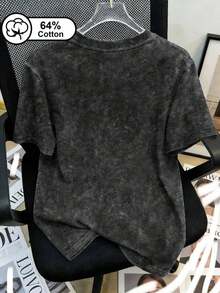 Camiseta de manga corta negra lavada con estilo retro para mujer talla grande, con estampado gráfico, cuello redondo, estilo casual deportivo de calle, camiseta gráfica de verano para mujer.,Playeras de Mujer Vintage Lavado Estampado Gráfico Verano Cómoda - Negro - Ver 2