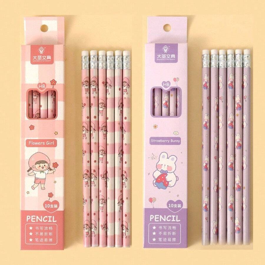 10支可爱卡通铅笔（草莓兔/鸭子/熊/恐龙），HB铅笔芯，适合学校使用、素描和作为返校礼物