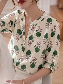 Blusa de mujer de manga 3/4 con cuello alto, estampado floral acuarela azul grisáceo| Blusa de ajuste ceñido, transpirable, de manga acampanada, para oficina/vacaciones, primavera/verano - hojas verdes - Ver 2