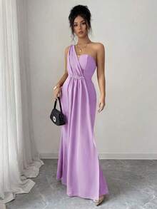 Elenzya Vestido elegante y romántico para mujer con escote asimétrico, cintura ceñida, bajo de cola de pez, decoración de perlas, adecuado para fiestas y reuniones - Púrpura malva - Ver 4