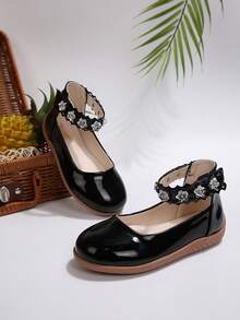 Girls' Shiny Mary Jane Flat Shoes, Versatile Princess Style - Black - View 5