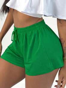 Women's Loose-Fitting High-Waisted Shorts, Comfortable, Lightweight, And Cool, With Elastic Waistband, Viscose/Lycra Knit Fabric, Breeze Style - 綠旗 - 查看 2