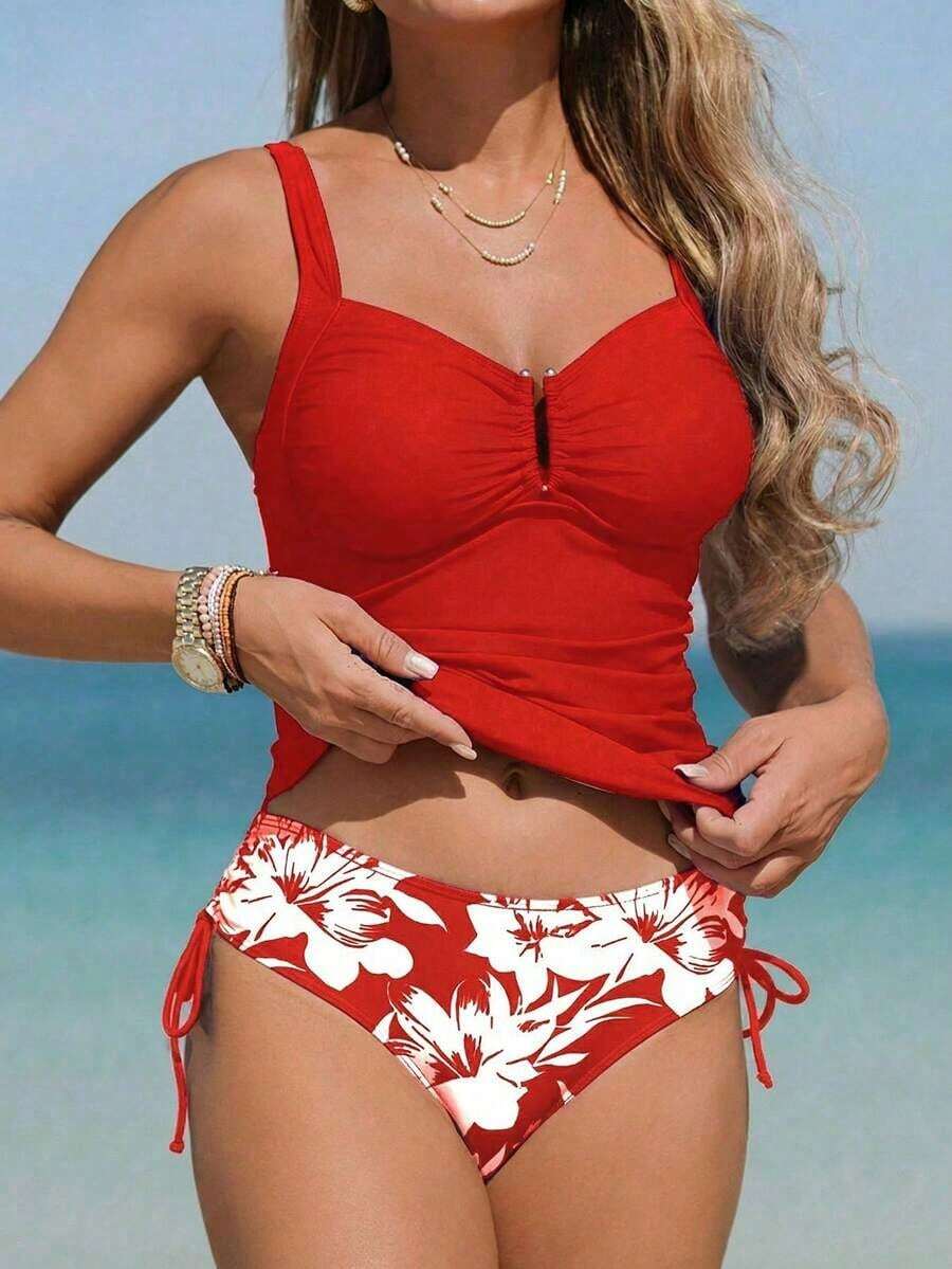 Swim Lushoire 2 piezas Traje de baño tipo tankini para mujer, torso fruncido con acabado en forma de U y estampado floral, casual y cómodo para nadar de vacaciones - Rojo - Ver 1