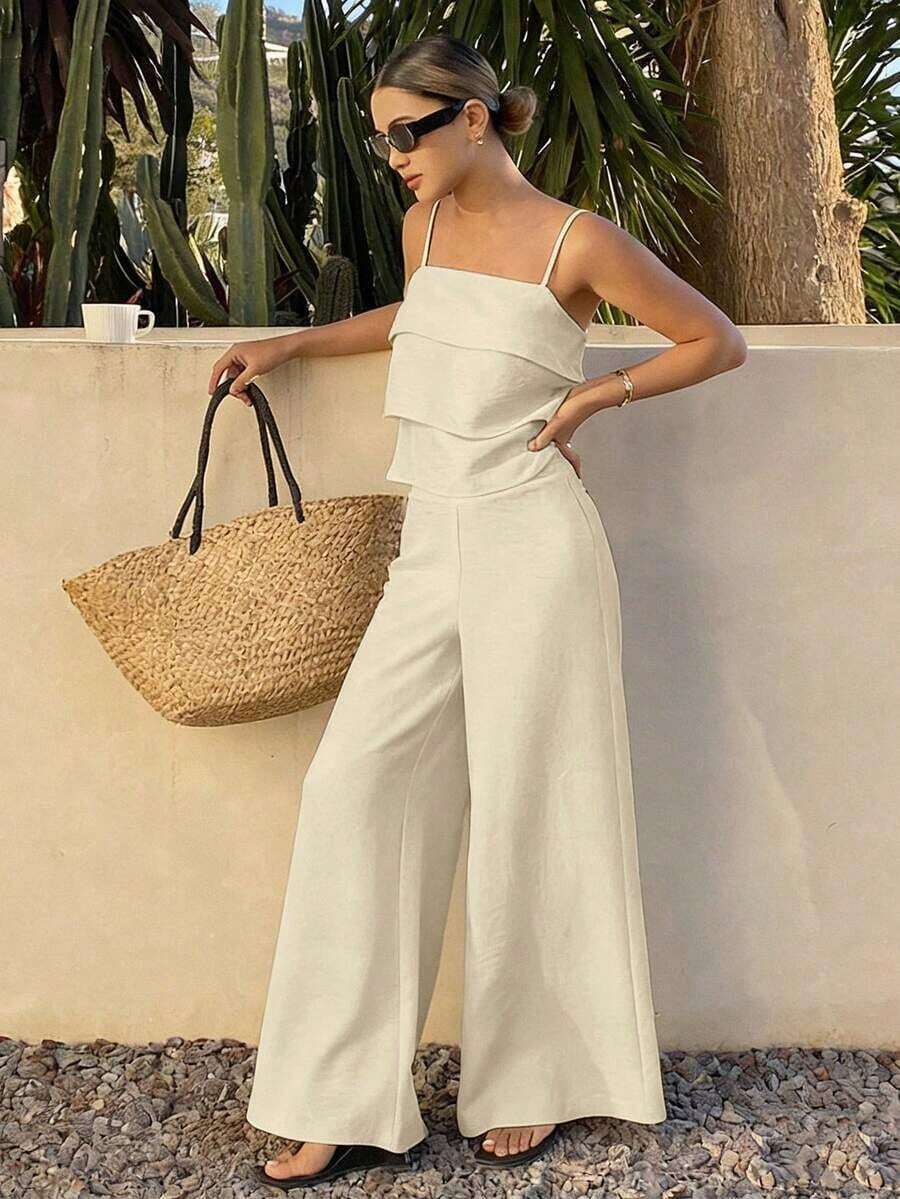 Conjunto de 2 piezas de top de tirantes con volantes y pantalones sueltos casuales de verano para mujer - Blanco 2 - Ver 1